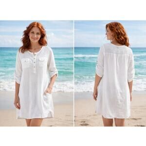 Italian Linen Sequin Tunic Dress White Boho Beach Cover Up Resort Wear Large